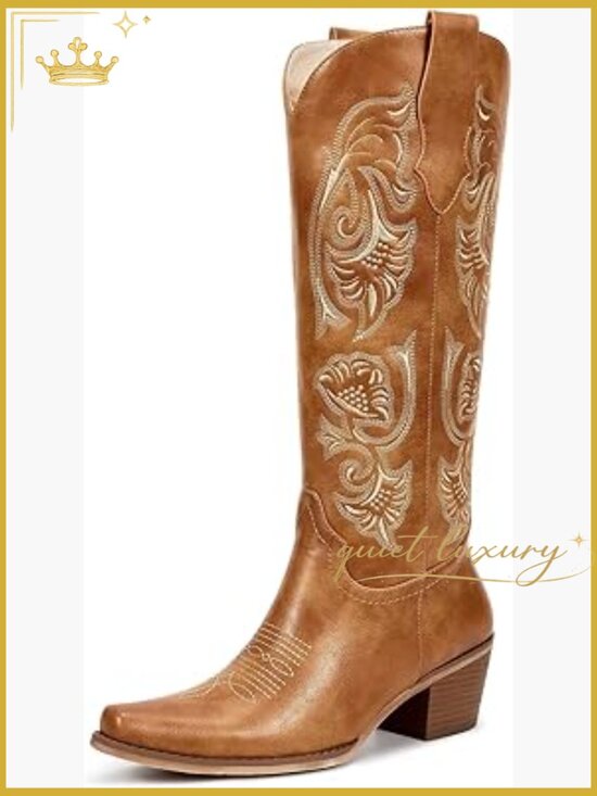 Shoes - Cowboy Boots - Floral Embroidered Pointed Toe Chunky Heel Side Zipper Knee High